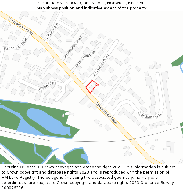 2, BRECKLANDS ROAD, BRUNDALL, NORWICH, NR13 5PE: Location map and indicative extent of plot