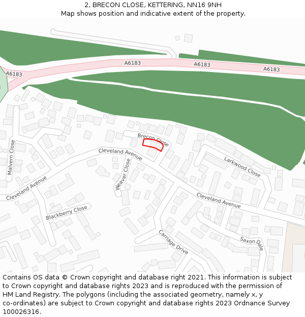 2, BRECON CLOSE, KETTERING, NN16 9NH: Location map and indicative extent of plot