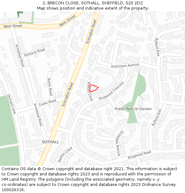 2, BRECON CLOSE, SOTHALL, SHEFFIELD, S20 2DZ: Location map and indicative extent of plot