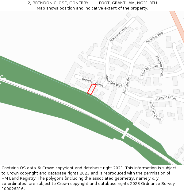 2, BRENDON CLOSE, GONERBY HILL FOOT, GRANTHAM, NG31 8FU: Location map and indicative extent of plot