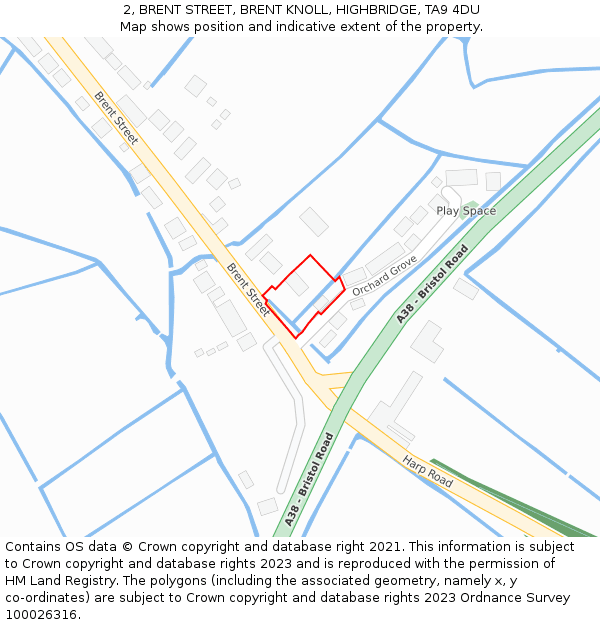 2, BRENT STREET, BRENT KNOLL, HIGHBRIDGE, TA9 4DU: Location map and indicative extent of plot
