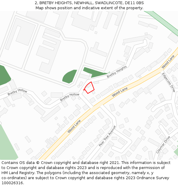 2, BRETBY HEIGHTS, NEWHALL, SWADLINCOTE, DE11 0BS: Location map and indicative extent of plot