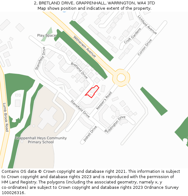 2, BRETLAND DRIVE, GRAPPENHALL, WARRINGTON, WA4 3TD: Location map and indicative extent of plot