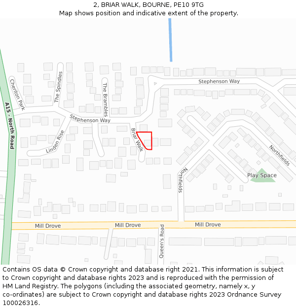 2, BRIAR WALK, BOURNE, PE10 9TG: Location map and indicative extent of plot