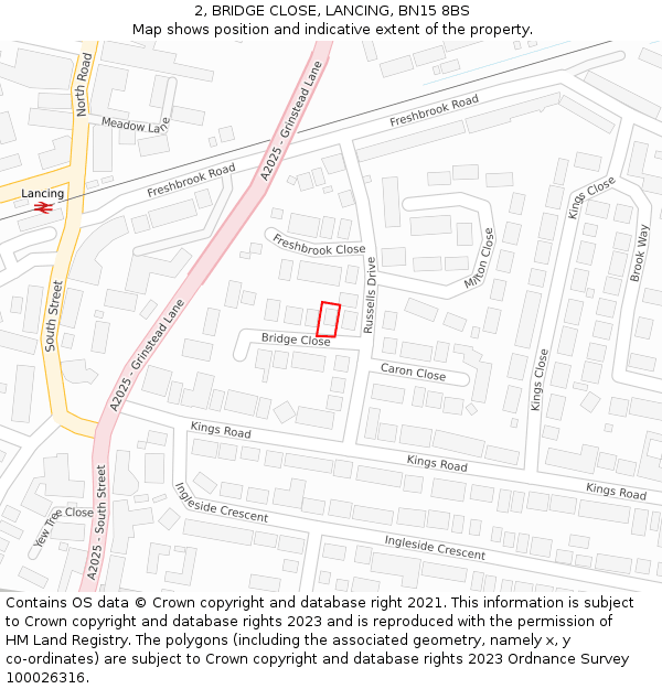 2, BRIDGE CLOSE, LANCING, BN15 8BS: Location map and indicative extent of plot