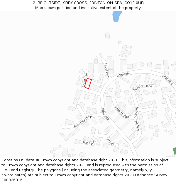 2, BRIGHTSIDE, KIRBY CROSS, FRINTON-ON-SEA, CO13 0UB: Location map and indicative extent of plot