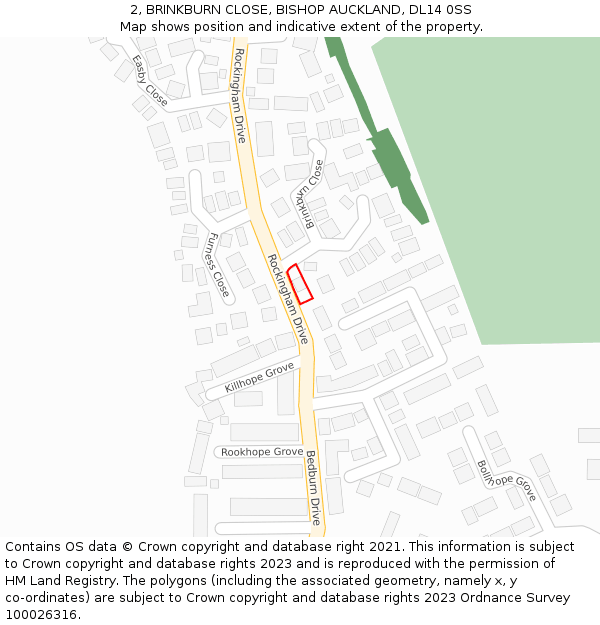 2, BRINKBURN CLOSE, BISHOP AUCKLAND, DL14 0SS: Location map and indicative extent of plot