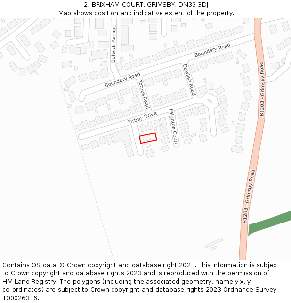 2, BRIXHAM COURT, GRIMSBY, DN33 3DJ: Location map and indicative extent of plot