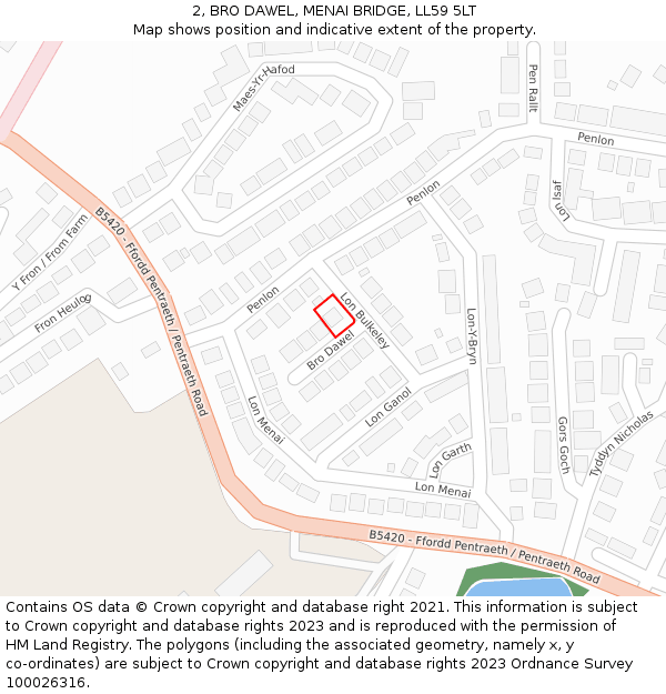 2, BRO DAWEL, MENAI BRIDGE, LL59 5LT: Location map and indicative extent of plot