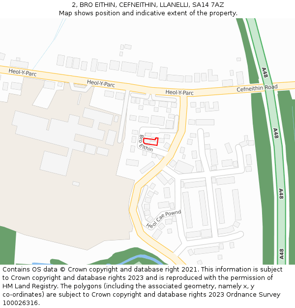 2, BRO EITHIN, CEFNEITHIN, LLANELLI, SA14 7AZ: Location map and indicative extent of plot