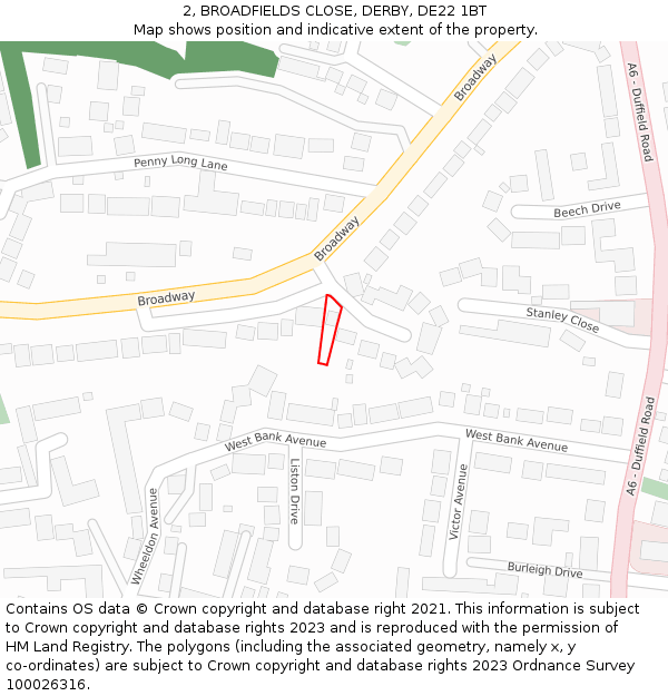 2, BROADFIELDS CLOSE, DERBY, DE22 1BT: Location map and indicative extent of plot