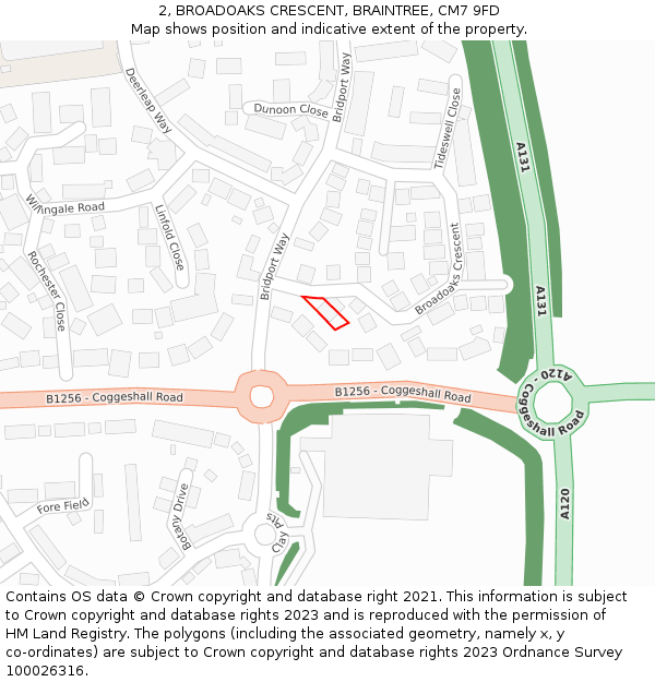 2, BROADOAKS CRESCENT, BRAINTREE, CM7 9FD: Location map and indicative extent of plot