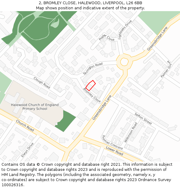 2, BROMLEY CLOSE, HALEWOOD, LIVERPOOL, L26 6BB: Location map and indicative extent of plot