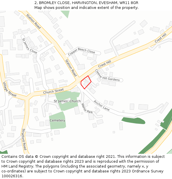 2, BROMLEY CLOSE, HARVINGTON, EVESHAM, WR11 8GR: Location map and indicative extent of plot
