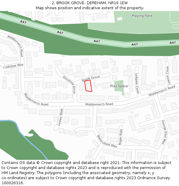 2, BROOK GROVE, DEREHAM, NR19 1EW: Location map and indicative extent of plot