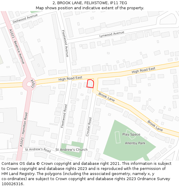 2, BROOK LANE, FELIXSTOWE, IP11 7EG: Location map and indicative extent of plot