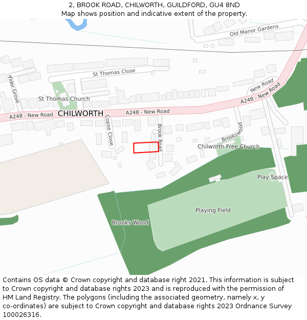 2, BROOK ROAD, CHILWORTH, GUILDFORD, GU4 8ND: Location map and indicative extent of plot