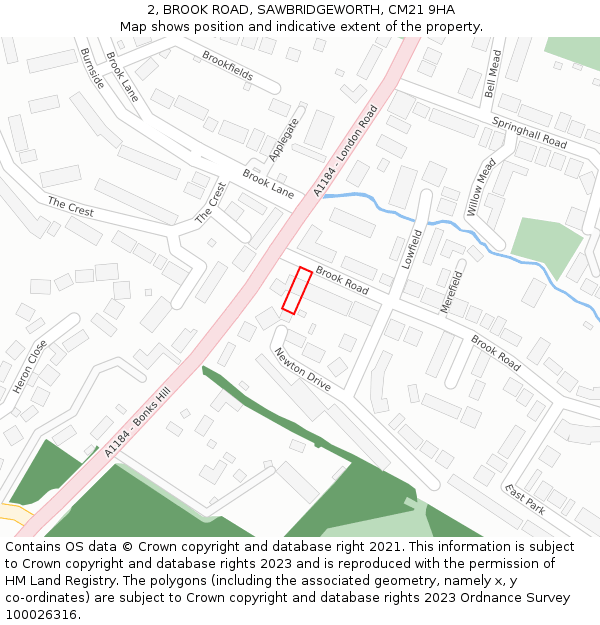 2, BROOK ROAD, SAWBRIDGEWORTH, CM21 9HA: Location map and indicative extent of plot