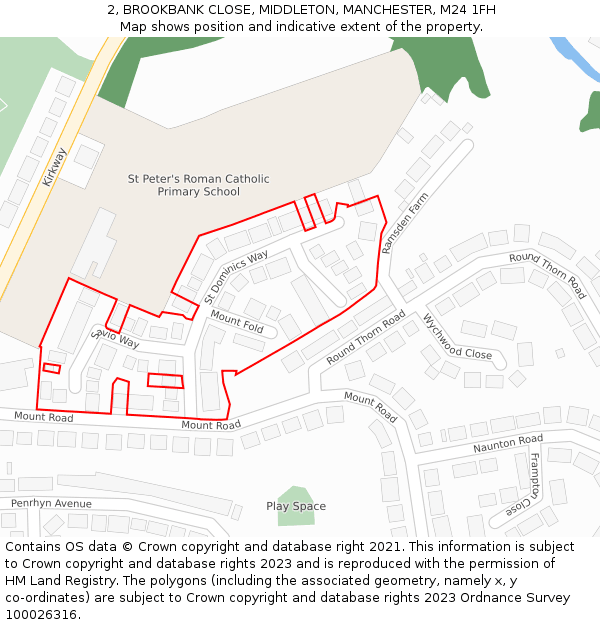 2, BROOKBANK CLOSE, MIDDLETON, MANCHESTER, M24 1FH: Location map and indicative extent of plot