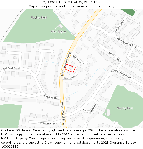 2, BROOKFIELD, MALVERN, WR14 1DW: Location map and indicative extent of plot