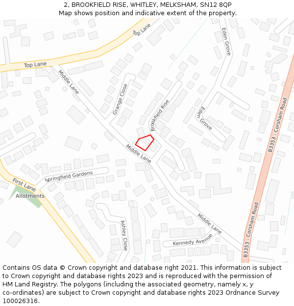 2, BROOKFIELD RISE, WHITLEY, MELKSHAM, SN12 8QP: Location map and indicative extent of plot