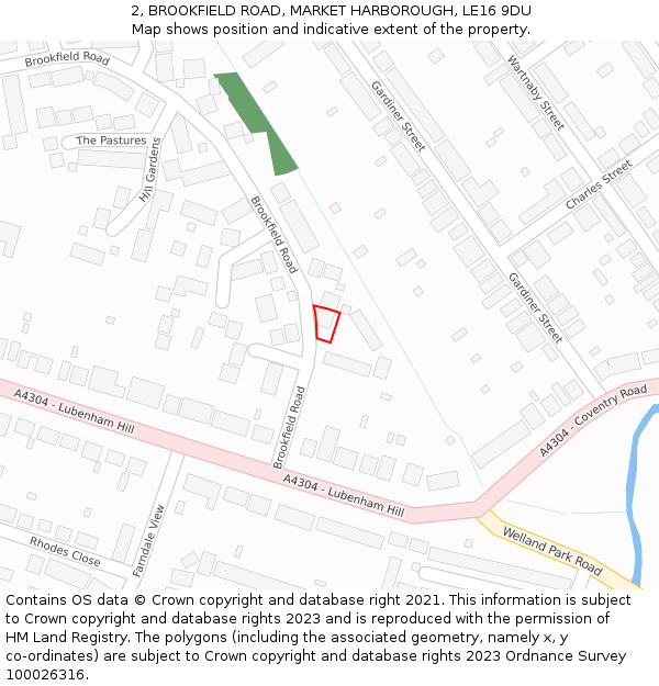 2, BROOKFIELD ROAD, MARKET HARBOROUGH, LE16 9DU: Location map and indicative extent of plot