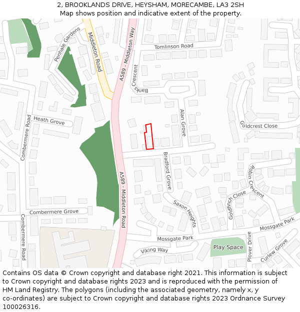 2, BROOKLANDS DRIVE, HEYSHAM, MORECAMBE, LA3 2SH: Location map and indicative extent of plot