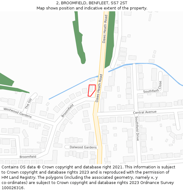 2, BROOMFIELD, BENFLEET, SS7 2ST: Location map and indicative extent of plot