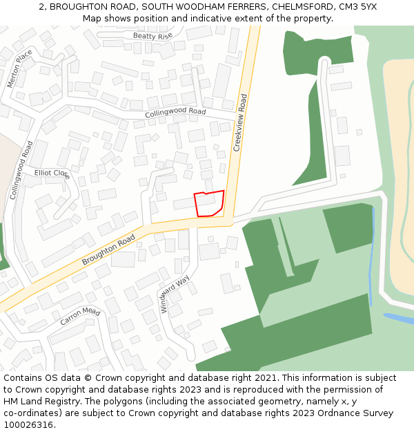 2, BROUGHTON ROAD, SOUTH WOODHAM FERRERS, CHELMSFORD, CM3 5YX: Location map and indicative extent of plot