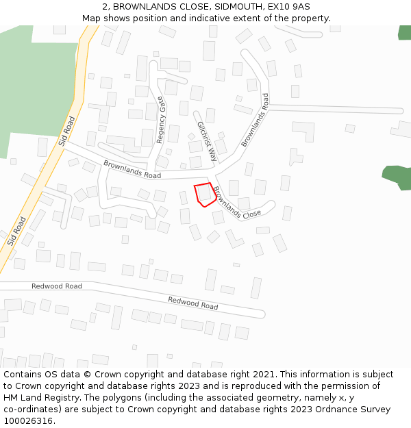 2, BROWNLANDS CLOSE, SIDMOUTH, EX10 9AS: Location map and indicative extent of plot