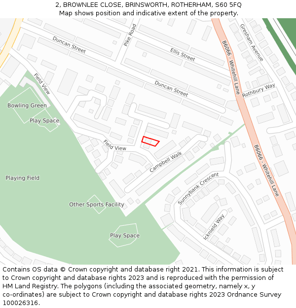 2, BROWNLEE CLOSE, BRINSWORTH, ROTHERHAM, S60 5FQ: Location map and indicative extent of plot