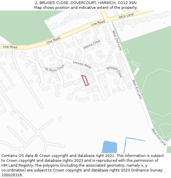 2, BRUGES CLOSE, DOVERCOURT, HARWICH, CO12 3SN: Location map and indicative extent of plot