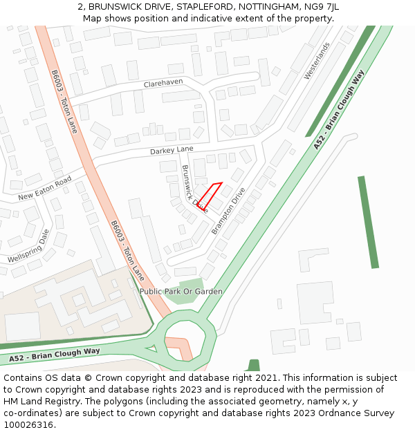 2, BRUNSWICK DRIVE, STAPLEFORD, NOTTINGHAM, NG9 7JL: Location map and indicative extent of plot