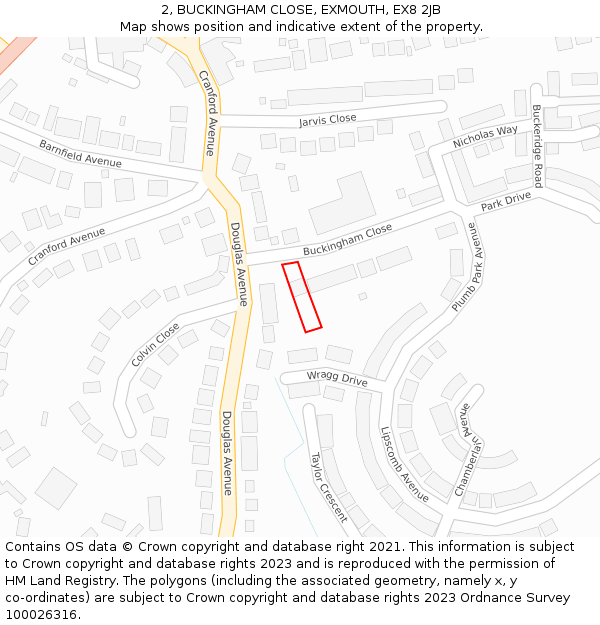 2, BUCKINGHAM CLOSE, EXMOUTH, EX8 2JB: Location map and indicative extent of plot
