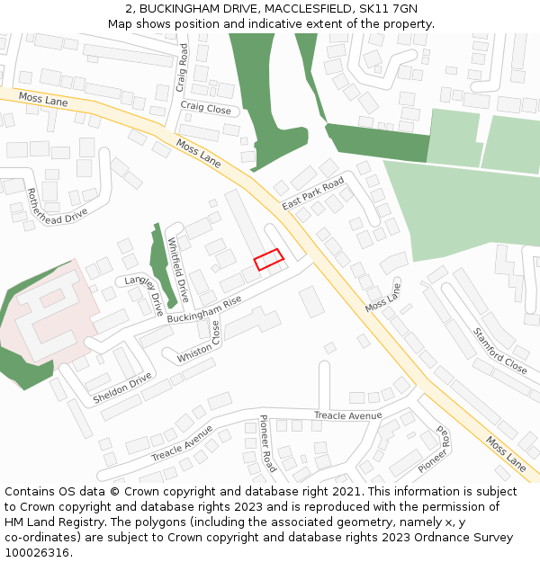 2, BUCKINGHAM DRIVE, MACCLESFIELD, SK11 7GN: Location map and indicative extent of plot