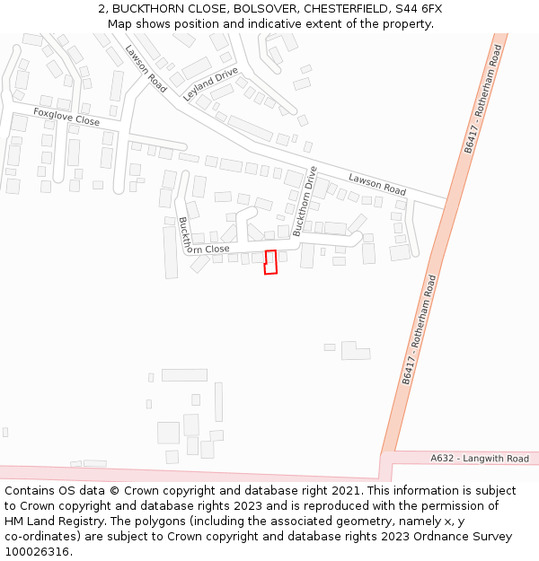 2, BUCKTHORN CLOSE, BOLSOVER, CHESTERFIELD, S44 6FX: Location map and indicative extent of plot