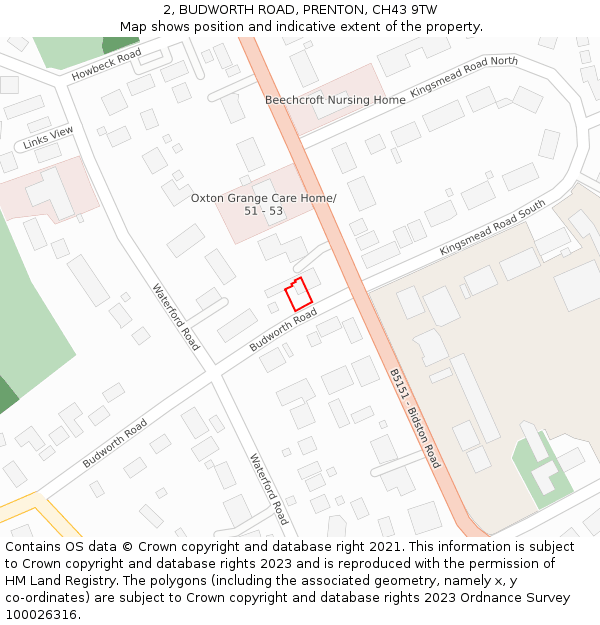 2, BUDWORTH ROAD, PRENTON, CH43 9TW: Location map and indicative extent of plot