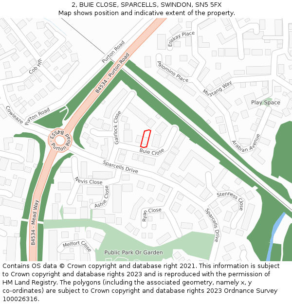 2, BUIE CLOSE, SPARCELLS, SWINDON, SN5 5FX: Location map and indicative extent of plot