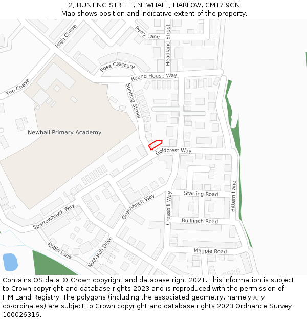 2, BUNTING STREET, NEWHALL, HARLOW, CM17 9GN: Location map and indicative extent of plot