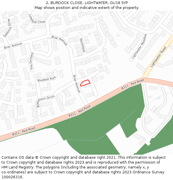 2, BURDOCK CLOSE, LIGHTWATER, GU18 5YP: Location map and indicative extent of plot