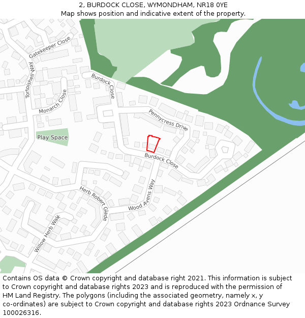 2, BURDOCK CLOSE, WYMONDHAM, NR18 0YE: Location map and indicative extent of plot
