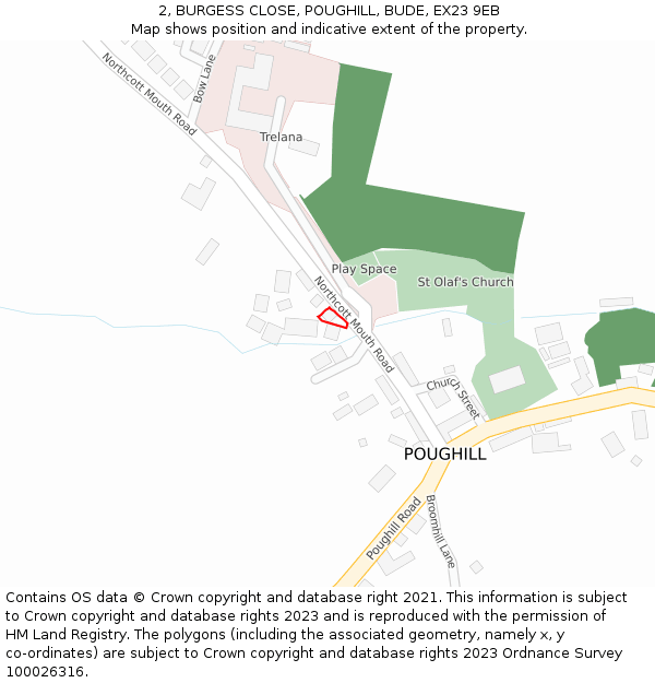 2, BURGESS CLOSE, POUGHILL, BUDE, EX23 9EB: Location map and indicative extent of plot