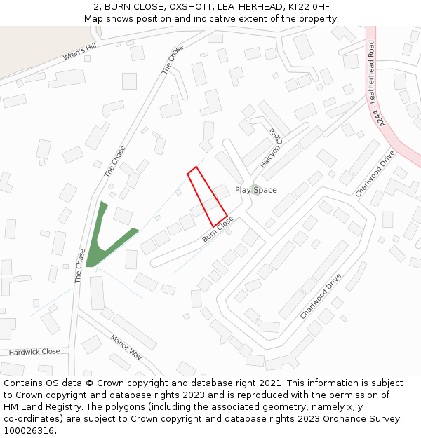 2, BURN CLOSE, OXSHOTT, LEATHERHEAD, KT22 0HF: Location map and indicative extent of plot