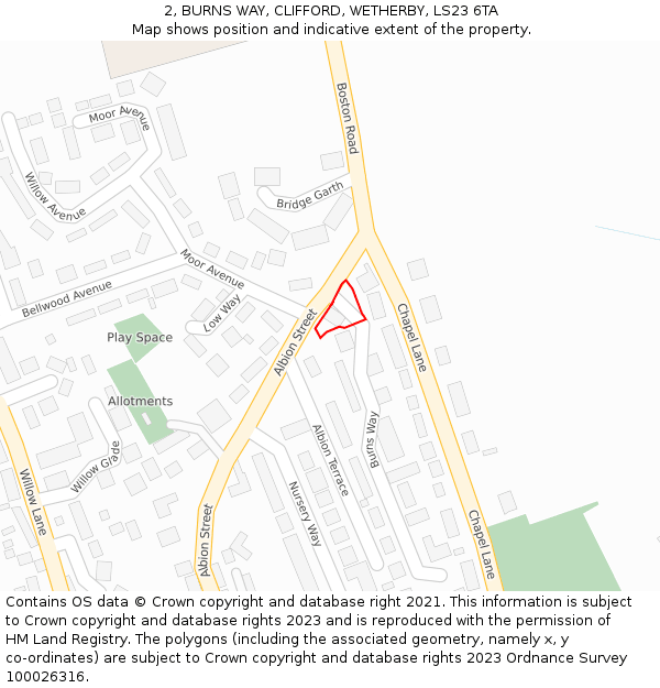 2, BURNS WAY, CLIFFORD, WETHERBY, LS23 6TA: Location map and indicative extent of plot