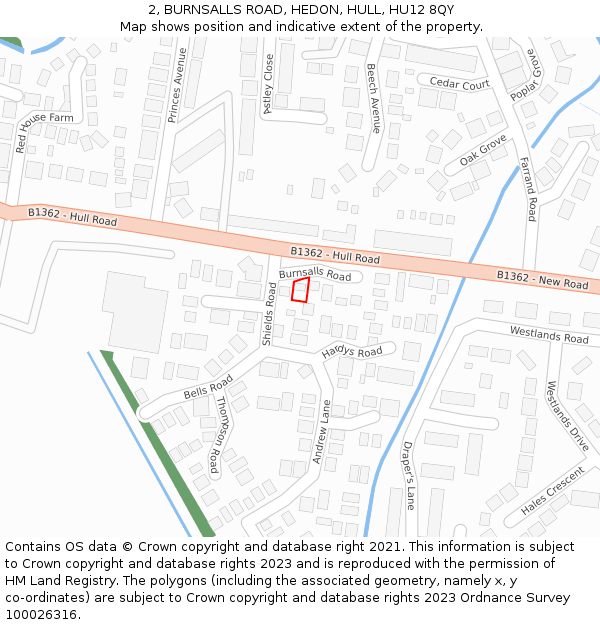 2, BURNSALLS ROAD, HEDON, HULL, HU12 8QY: Location map and indicative extent of plot