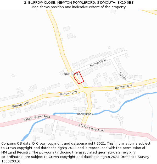 2, BURROW CLOSE, NEWTON POPPLEFORD, SIDMOUTH, EX10 0BS: Location map and indicative extent of plot
