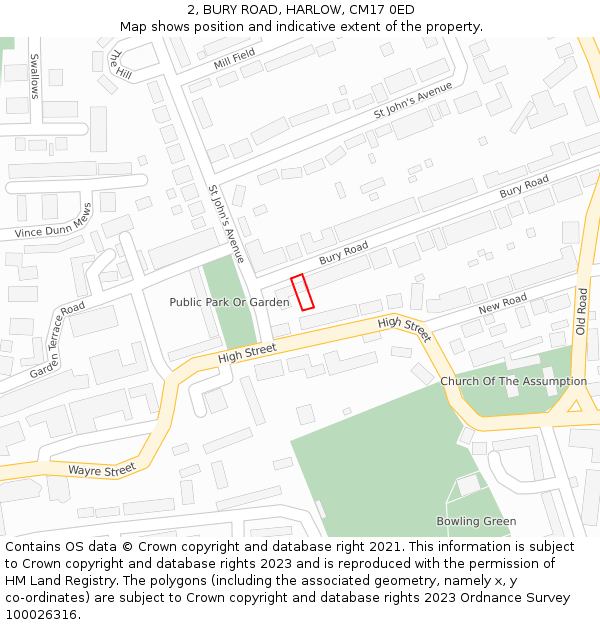 2, BURY ROAD, HARLOW, CM17 0ED: Location map and indicative extent of plot