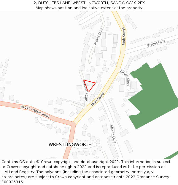 2, BUTCHERS LANE, WRESTLINGWORTH, SANDY, SG19 2EX: Location map and indicative extent of plot