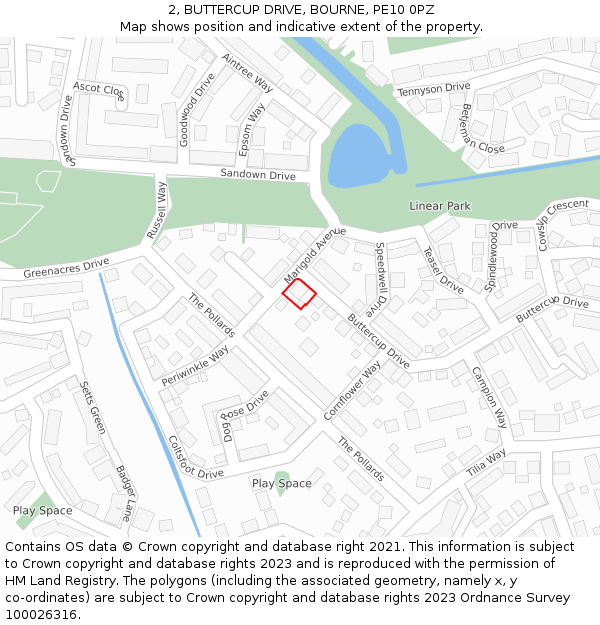 2, BUTTERCUP DRIVE, BOURNE, PE10 0PZ: Location map and indicative extent of plot