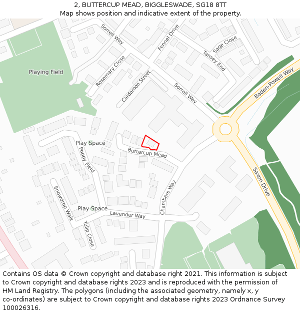 2, BUTTERCUP MEAD, BIGGLESWADE, SG18 8TT: Location map and indicative extent of plot